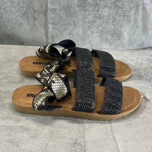 MUK LUKS Women's Black Snake Embossed About Me Ankle-Strap Slide Sandals SZ 7 - Picture 1 of 11